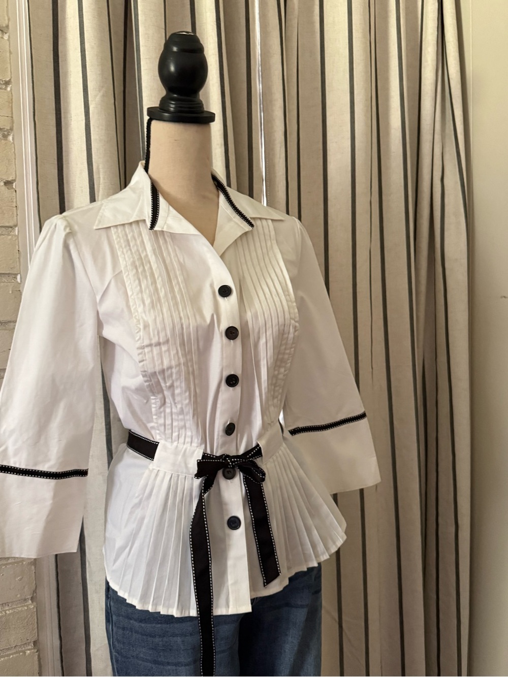 dressbarn White Button-Front Pleated Peplum Top with Black Trim - Picture 2 of 4